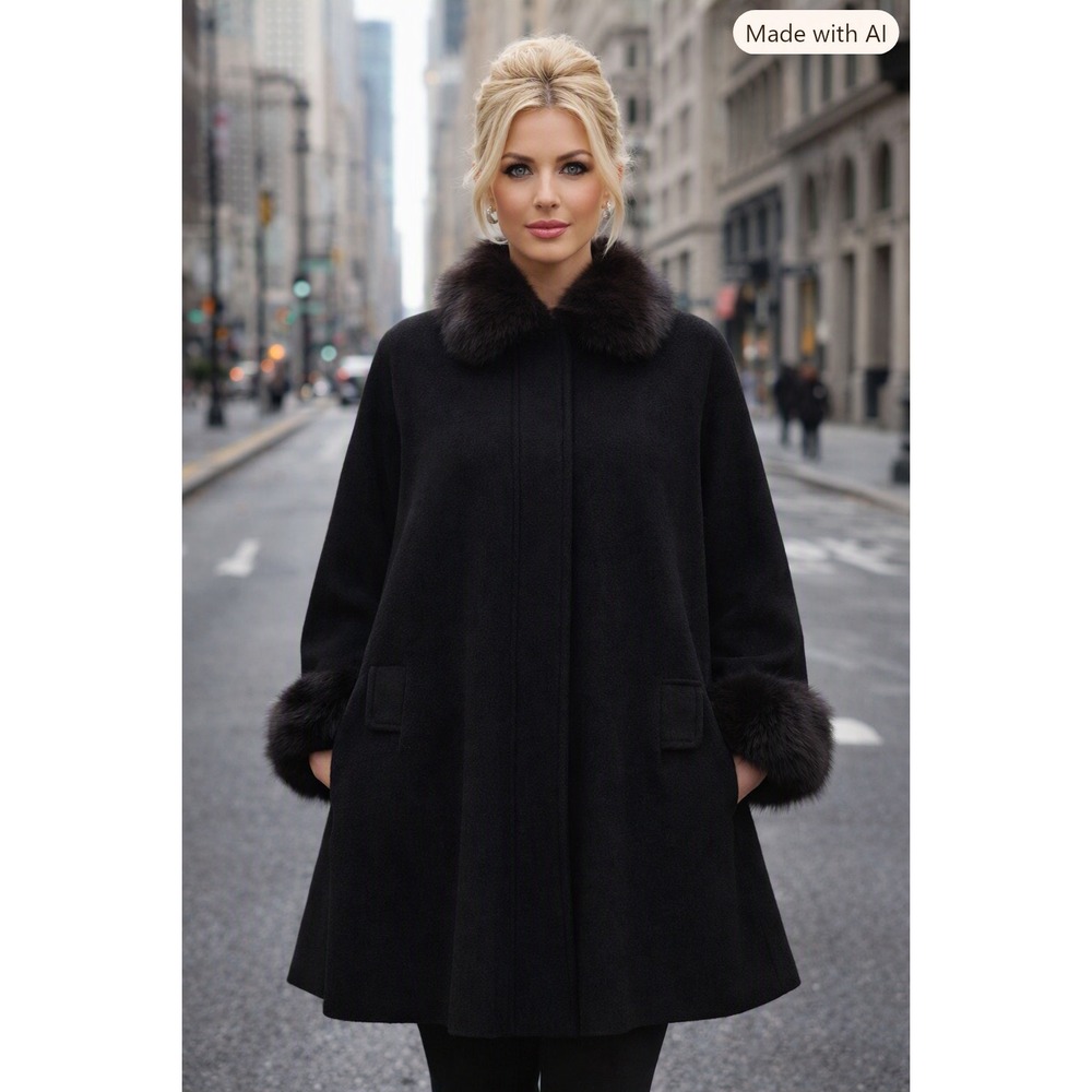 Nina Ricci Swing Coat Black LG Fox Fur Neck Cuffs Cashmere Merino Wool VTG Wool